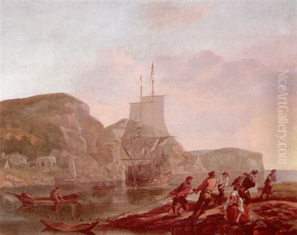 A Rocky Coastal Scene With Fishermen And A Man-of-war At Anchor Oil Painting by Abraham Jansz. Begeyn