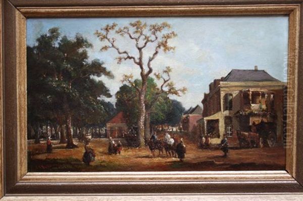 Flanerende Mensen En Paardenkoets Op Boomrijk Stadsplein, Mogelijk Lange Voorhout Den Haag Oil Painting by Carel Jacobus Behr