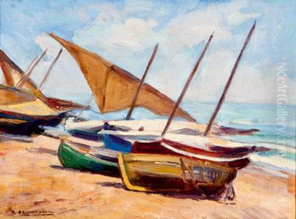 Barcas En La Playa Oil Painting by Rafael Aguado Arnal