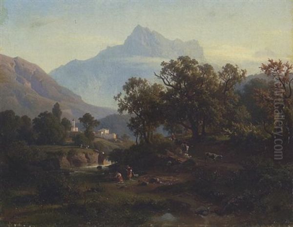 Gegend In Sud-tyrol - Morgenlandschaft Oil Painting by August Behrendsen