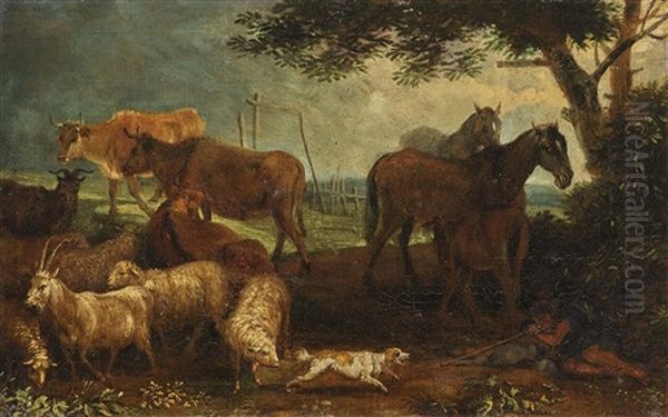 Shepherd With Cattle By The Water - Resting Shepherd With Cattle Oil Painting by Joachim-Franz Beich