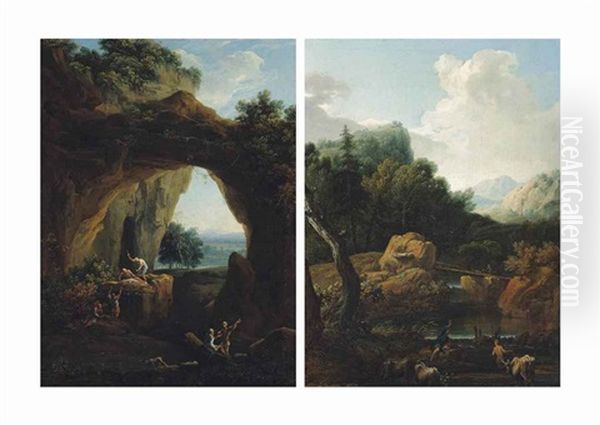 A Wooded River Landscape With Classical Figures Fishing, Mountains Beyond; And A Wooded River Landscape With Drovers And Their Cattle, Mountains Beyond Oil Painting by Joachim-Franz Beich