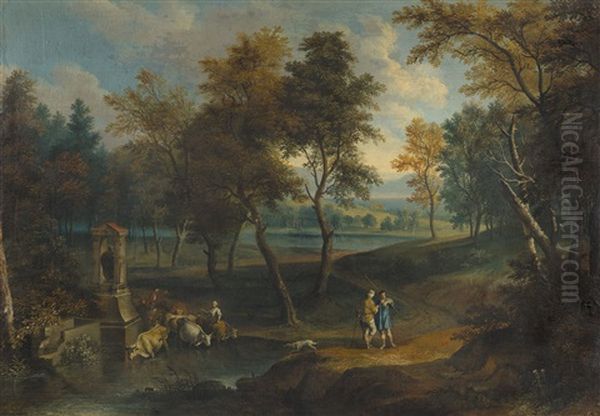 Arkadische Landschaft Mit Hirten Und Vieh Bei Der Tranke An Einem Teich Oil Painting by Joachim-Franz Beich