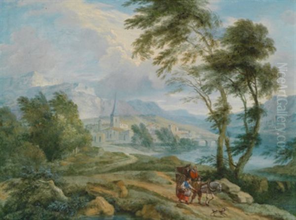 Reisende Mit Pferd Und Wagen In Einer Weiten Flusslandschaft Oil Painting by Joachim-Franz Beich
