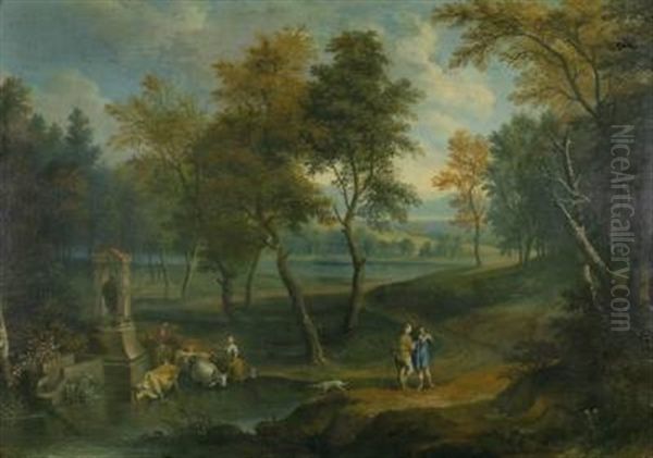 Romantische Landschaft Mit Trinkenden Rindern Am Teich Oil Painting by Joachim-Franz Beich