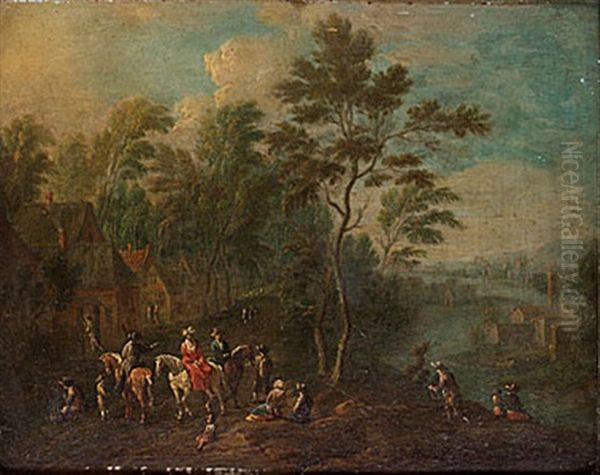 Landskap Med Byggnader, Figurer Och Ridande Sallskap Oil Painting by Joachim-Franz Beich