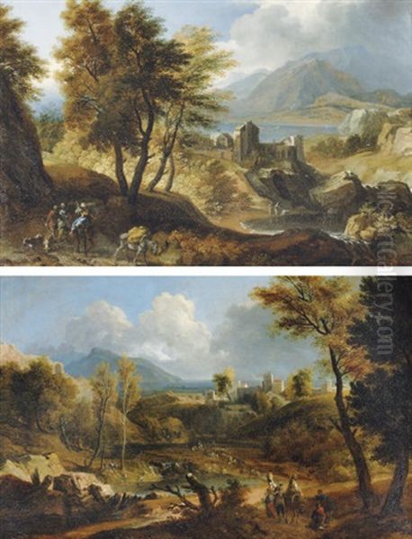 A Mountainous River Landscape With Travellers (+ A Landscape With Travellers Near A Lake; Pair) Oil Painting by Joachim-Franz Beich