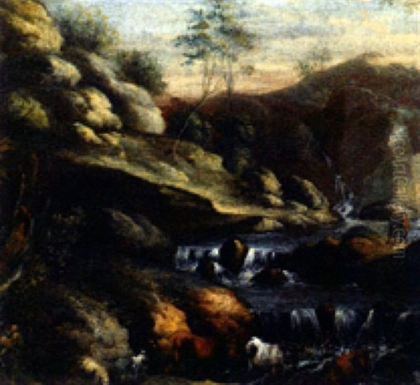 Pastorale Flusslandschaft Mit Tieren An Der Tranke Oil Painting by Joachim-Franz Beich