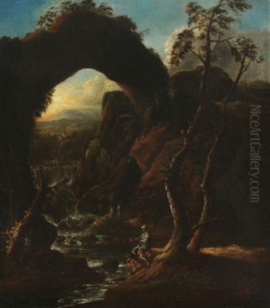 Sudliche Felslandschaft Mit Reisenden. Im Vordergrund Ein Angler Am Bach Oil Painting by Joachim-Franz Beich