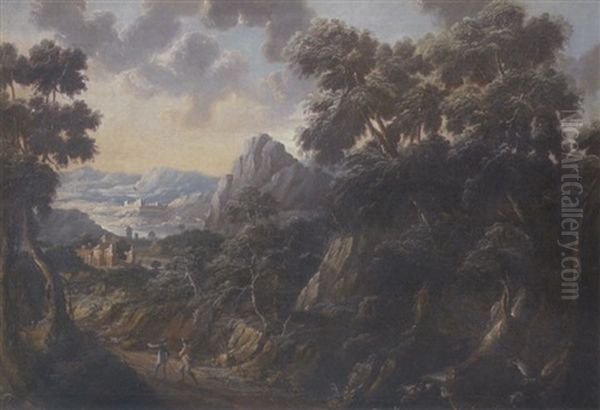 Zwei Wanderer In Felsiger Baumlandschaft Mit Ausblick Auf Eine Burgenlandschaft Oil Painting by Joachim-Franz Beich
