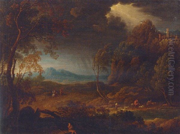 A Mountainous Landscape With Figures By A Path In A Storm, A Hilltop Town Beyond Oil Painting by Joachim-Franz Beich