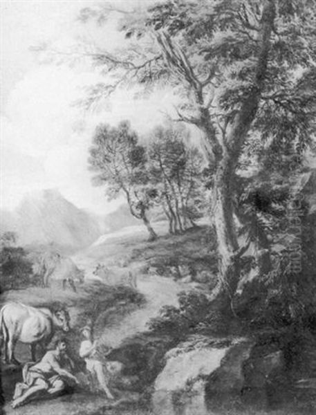 Cowherds And Their Livestock Resting Near A River In A Wooded Landscape With Mountains Beyond Oil Painting by Joachim-Franz Beich