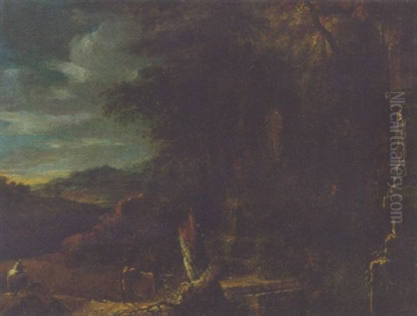 A Wooded Landscape With Herdsmen Resting Before Classical Ruins Oil Painting by Joachim-Franz Beich