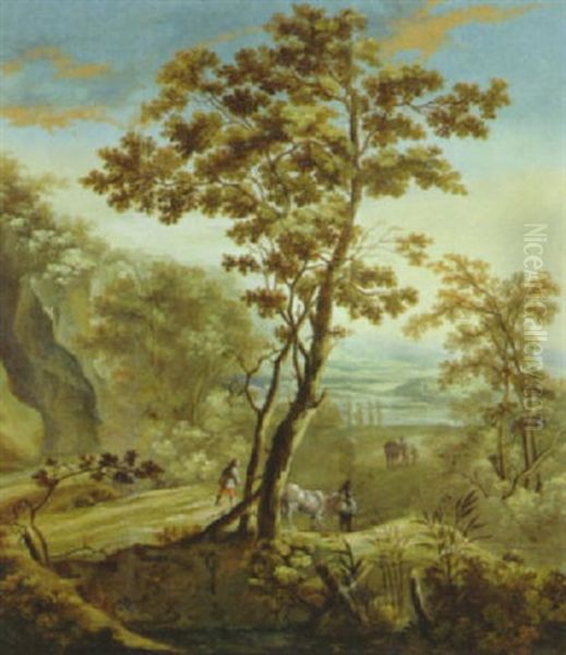 Waldlandschaft Mit Hirte Und Vieh Sowie Bauern Mit Maultieren Auf Dem Weg Zum Fluss In Der Ferne Oil Painting by Joachim-Franz Beich