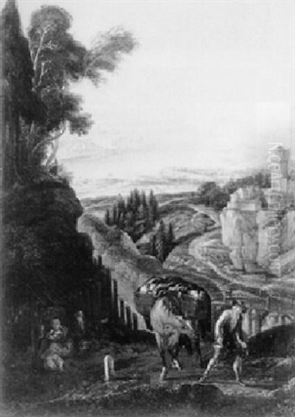 A River Landscape With Travellers And Cattle On A Path Oil Painting by Joachim-Franz Beich