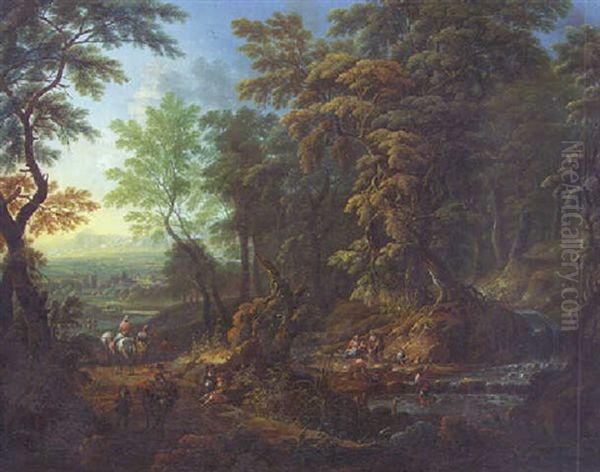 A Wooded Landscape, With Travellers On A Path And Peasants By A Stream, An Extensive Landscape With A Town Beyond Oil Painting by Joachim-Franz Beich