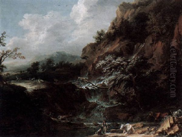A Mountainous River Landscape With Fishermen And Cattle Beneath Some Falls, A House Beyond Oil Painting by Joachim-Franz Beich