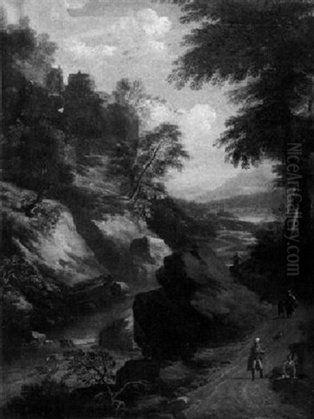 Felsige Fluslandschaft Mit Figurenstaffage Oil Painting by Joachim-Franz Beich