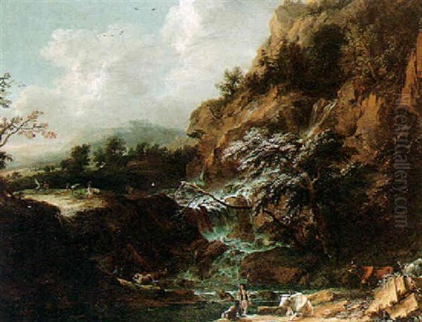 Mountainous River Landscape With Fishermen And Cattle Beneath Some Falls, A House Beyond Oil Painting by Joachim-Franz Beich