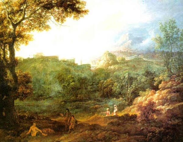 Sudliche Romantische Berglandschaft Mit Rastenden Wanderern An Einem Flus Oil Painting by Joachim-Franz Beich