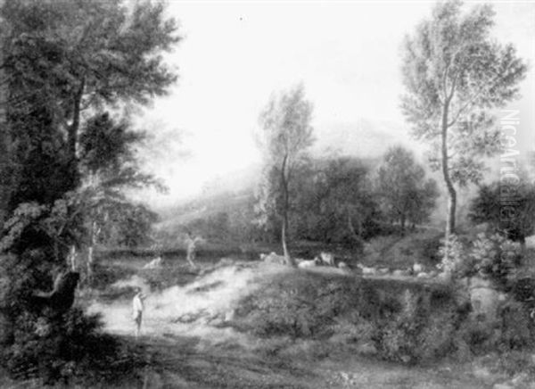 A Wooded Landscape With A Traveller On A Path Conversing With A Goatherd Oil Painting by Joachim-Franz Beich