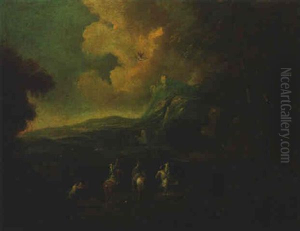 A Hawking Party On A Hillside In A Landscape Oil Painting by Joachim-Franz Beich
