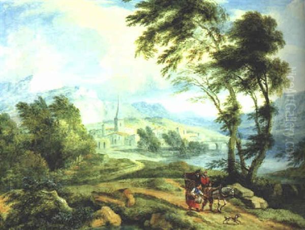 Reisende Mit Pferd Und Wagen In Einer Weiten Fluslandschaft Oil Painting by Joachim-Franz Beich