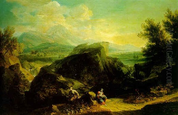 An Extensive Mountainous Landscape, With The Rest On The Flight To Egypt In The Foreground Oil Painting by Joachim-Franz Beich