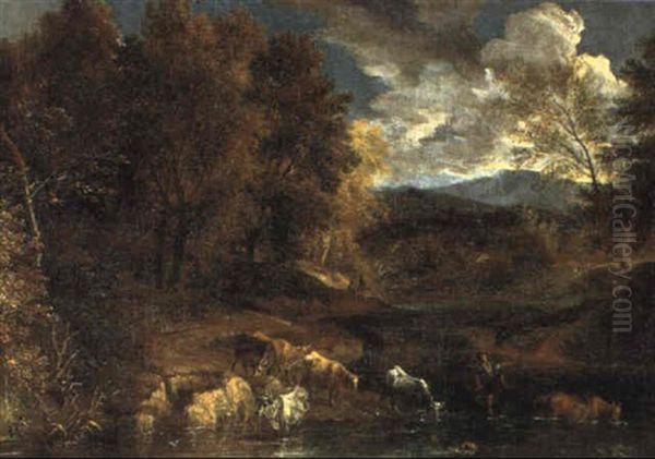 Kuhe Mit Hirte An Einer Furt Oil Painting by Joachim-Franz Beich