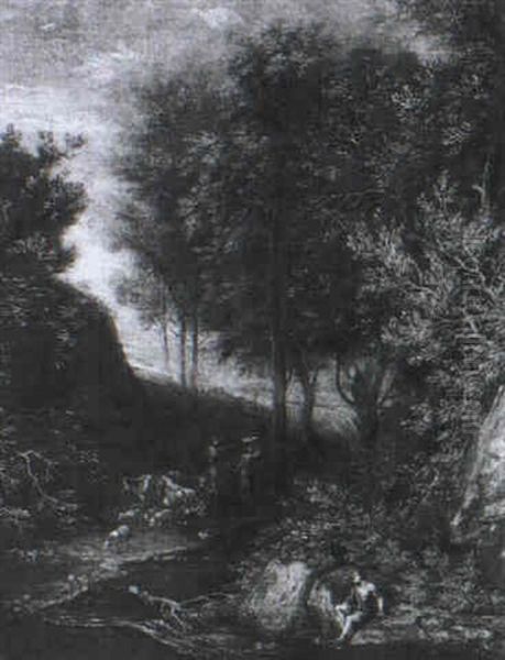 Waldlandschaft Mit Einem Angler Und Hirten Mit Ihrer Herde  Am Bach Oil Painting by Joachim-Franz Beich