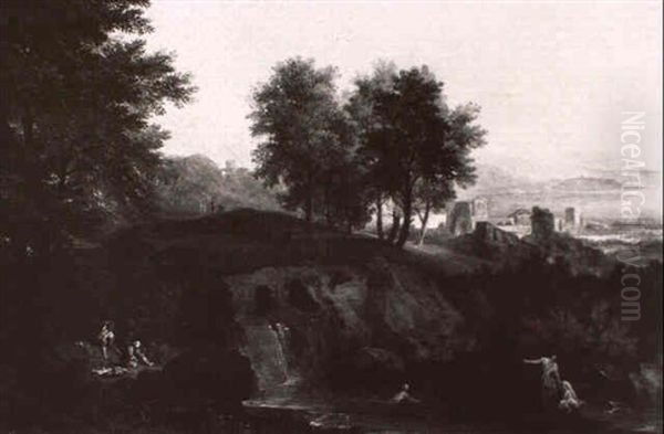 Ideallandschaft Mit Badenden Frauen Am Wasser Vorne Rechts... Oil Painting by Joachim-Franz Beich