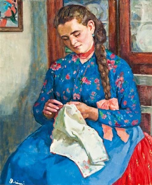 Kezimunkazo Lany Oil Painting by Victor Belanyi