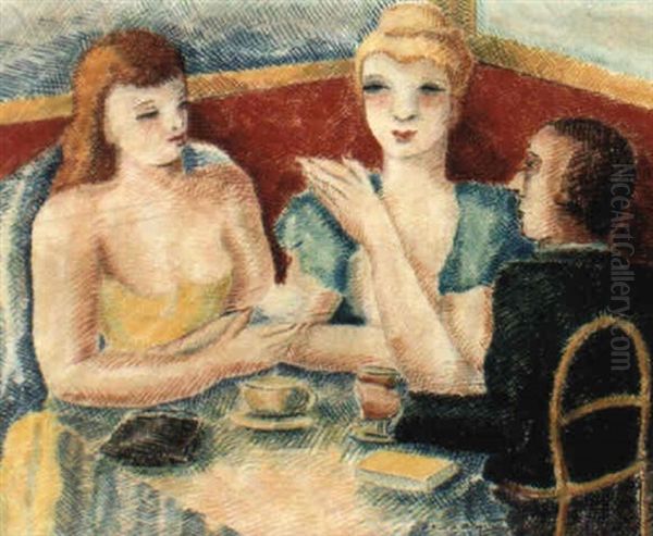 Conversation Au Cafe Oil Painting by Pierre De Belay