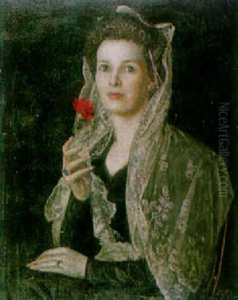 Portrait Of A Lady Holding A Flower, Wearing A Lace Shawl Oil Painting by George Frederick A. Belcher