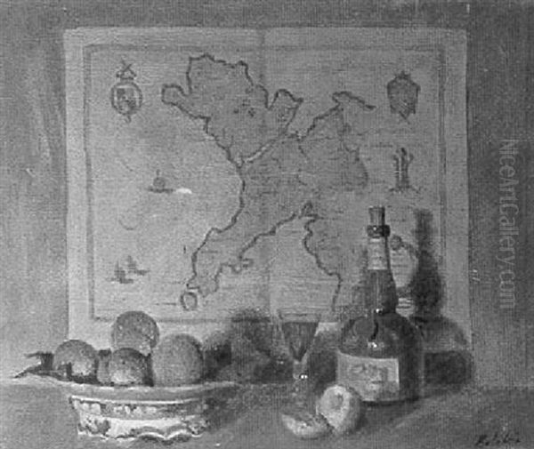 Still Life Of Fruit And A Bottle Before A Map Of North Wales Oil Painting by George Frederick A. Belcher
