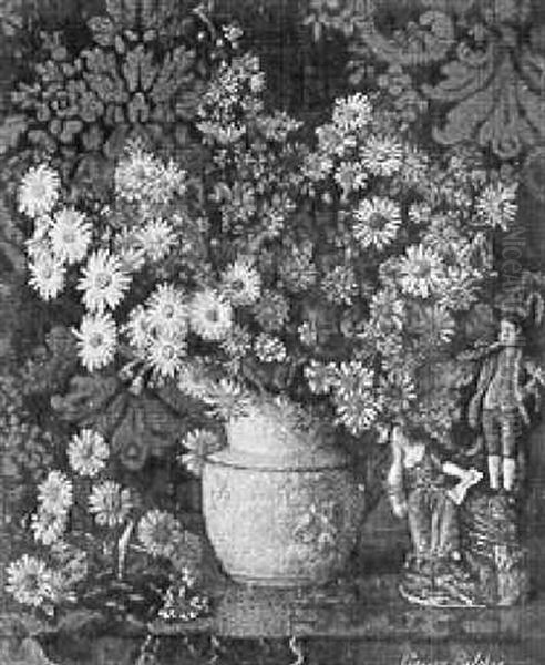 Still Life Of Daisies In A Vase And Porcelain Figures Oil Painting by George Frederick A. Belcher