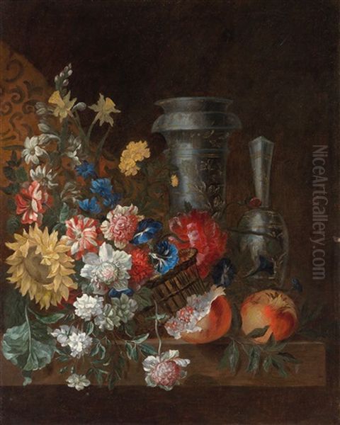 A Still Life Of Flowers And Fruit With Two Magnificent Blue And White Vessels Oil Painting by Jean-Baptiste Ii Belin