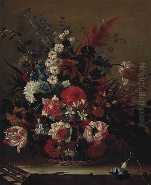 Corbeille De Fleurs Sur Un Entablement En Pierre Oil Painting by Jean-Baptiste Ii Belin