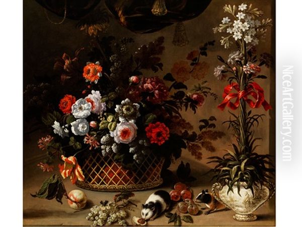 Grosses Blumenstilleben Mit Meerschweinchen Oil Painting by Jean-Baptiste Ii Belin
