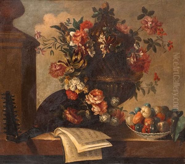 Bouquet De Fleurs, Corbeille De Fruits Et Partition Oil Painting by Jean-Baptiste Ii Belin