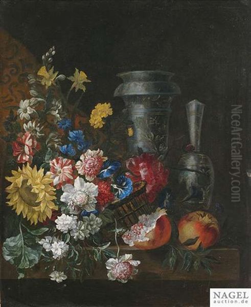 Blumen- Und Fruchtestilleben Mit Prunkgefasen Auf Einem Steinpodest Oil Painting by Jean-Baptiste Ii Belin