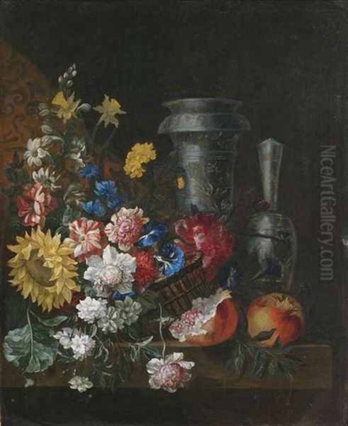 Blumen- Und Fruchtestilleben Mit Prunkgefasen Auf Einem Steinpodest Oil Painting by Jean-Baptiste Ii Belin