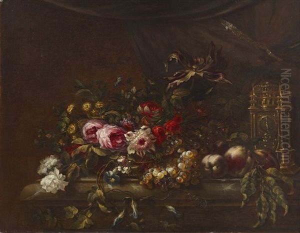 Fruits Et Fleurs Dans Une Corbeille Avec Une Pendule Sur Un Entablement Oil Painting by Jean-Baptiste Ii Belin