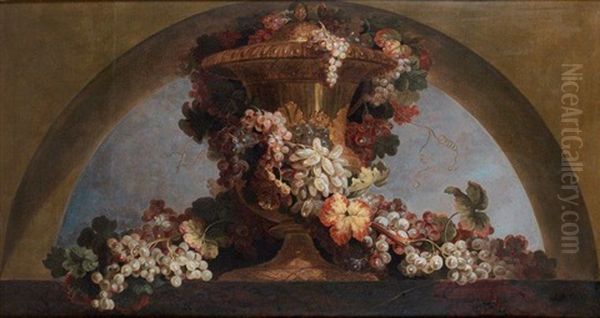 Guirlandes De Raisins Et De Pampres De Vignes Autour D'un Vase Oil Painting by Jean-Baptiste Ii Belin