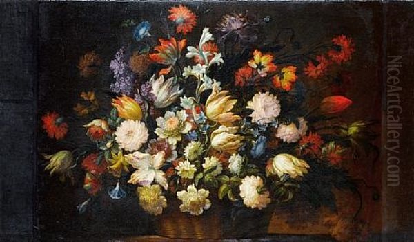 Roses, Tulips, Peonies, Jasmine And Other Flowers In A Wicker Basket On A Table Top Oil Painting by Jean-Baptiste Ii Belin