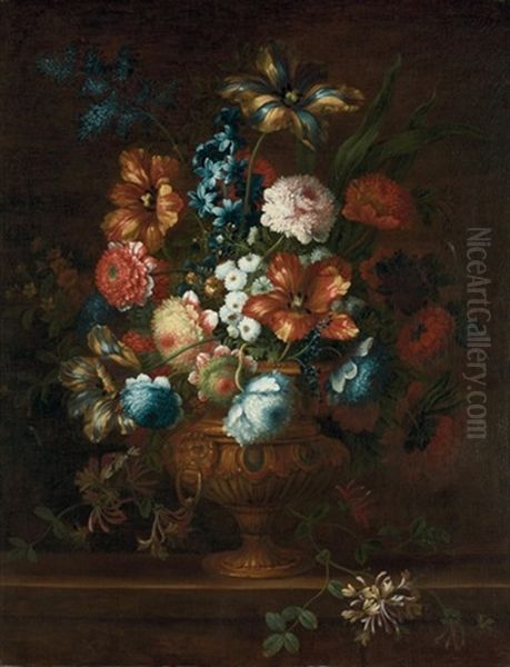 Tulips, Chrysanthemums, Violets And Other Flowers In A Bronze Urn, On A Stone Ledge Oil Painting by Jean-Baptiste Ii Belin
