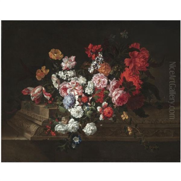 A Still Life With Roses, Tulips, Peonies, Carnations And Other Flowers On A Sculpted Stone Ledge Oil Painting by Jean-Baptiste Ii Belin