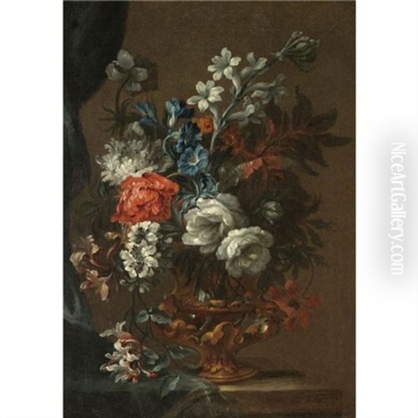 A Still Life With A Bouquet Of Flowers In A Bronze Urn On A Stone Ledge Oil Painting by Jean-Baptiste Ii Belin