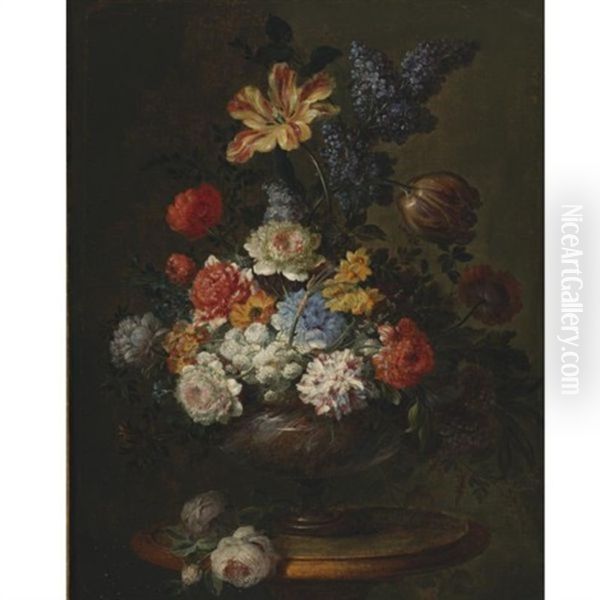 Still Life Of Tulips, Lilacs, Peonies And Other Flowers In A Vase Resting On A Table Oil Painting by Jean-Baptiste Ii Belin
