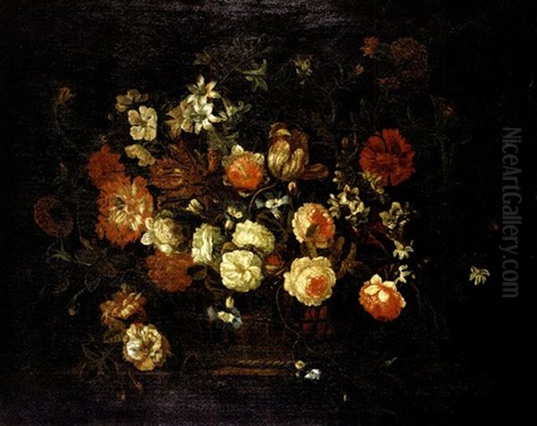 Bouquet Of Summer Flowers, Peonies, Tulips And Lilies In An Open-weave Basket Oil Painting by Jean-Baptiste Ii Belin
